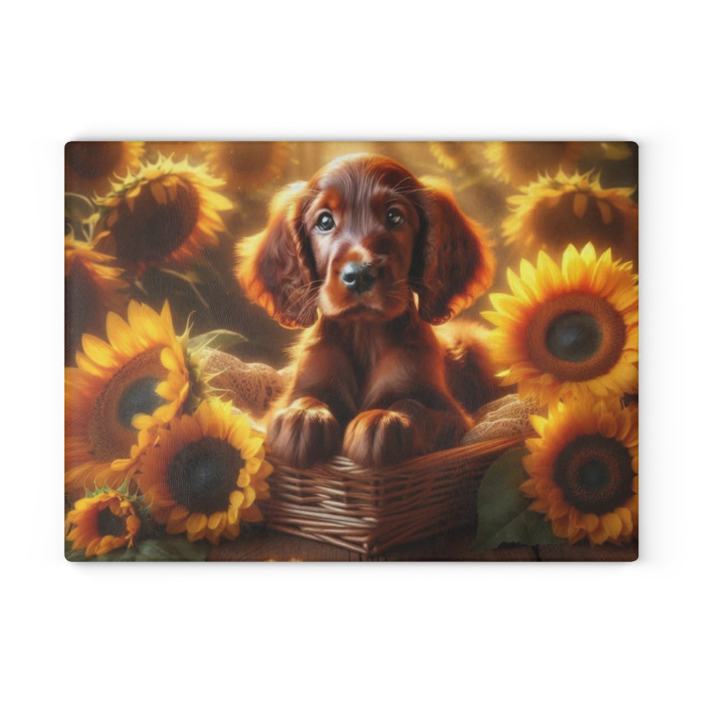 🐶🌻 Irish Setter Puppy & Sunflowers Cutting Board – Golden Glow Meets Puppy Charm