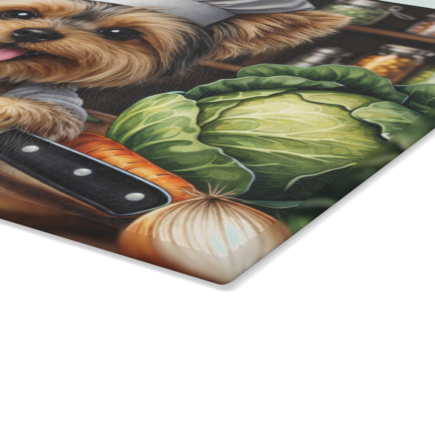 Yorkshire Terrier Chef Glass Cutting Board – “Where’s My Treat!” Playful Kitchen Art