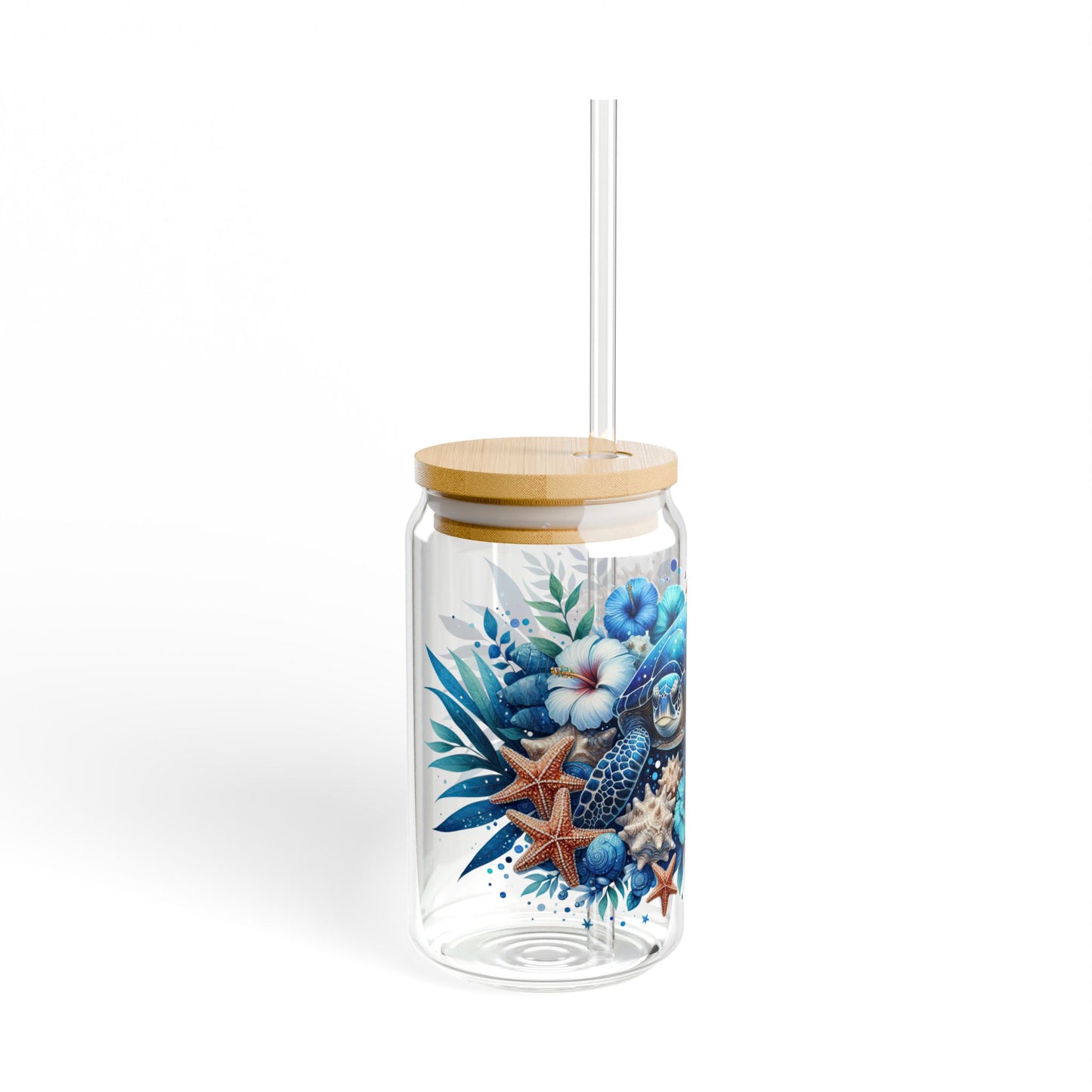 Vaso para beber con forma de tortuga marina azul y estrella de mar – 16 oz Ocean Vibes con tapa de bambú y pajita 🌊