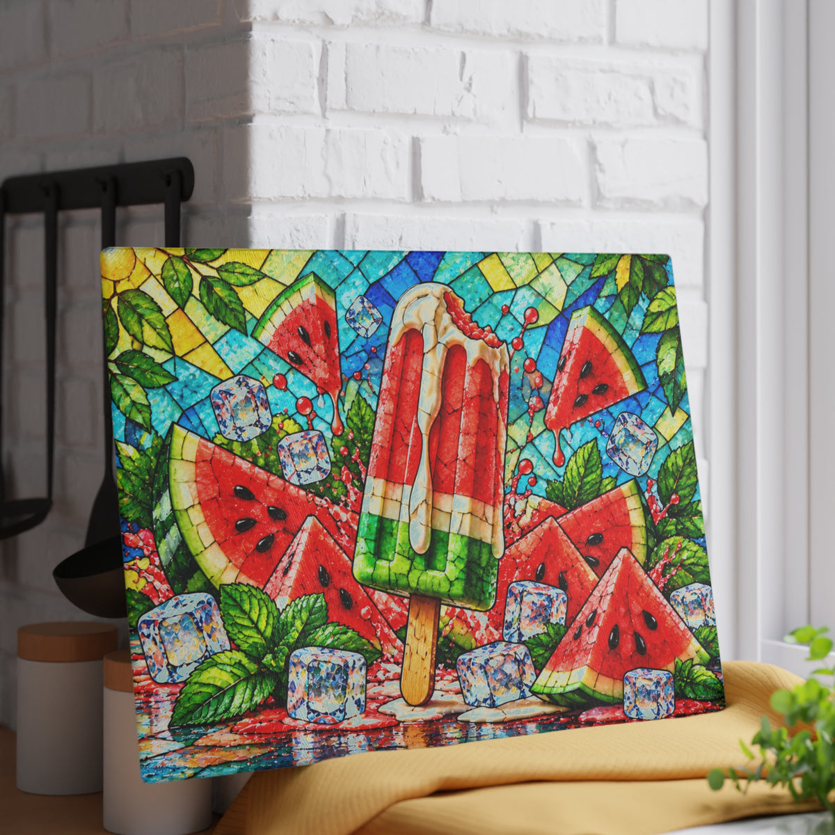 Fruit Popsicle Stained-Glass-Look Glass Cutting Board – Colorful Summer Fruit Kitchen Decor
