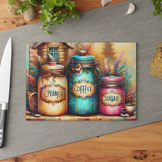 Farmhouse Canister Glass Cutting Board – Coffee, Sugar & Creamer Display