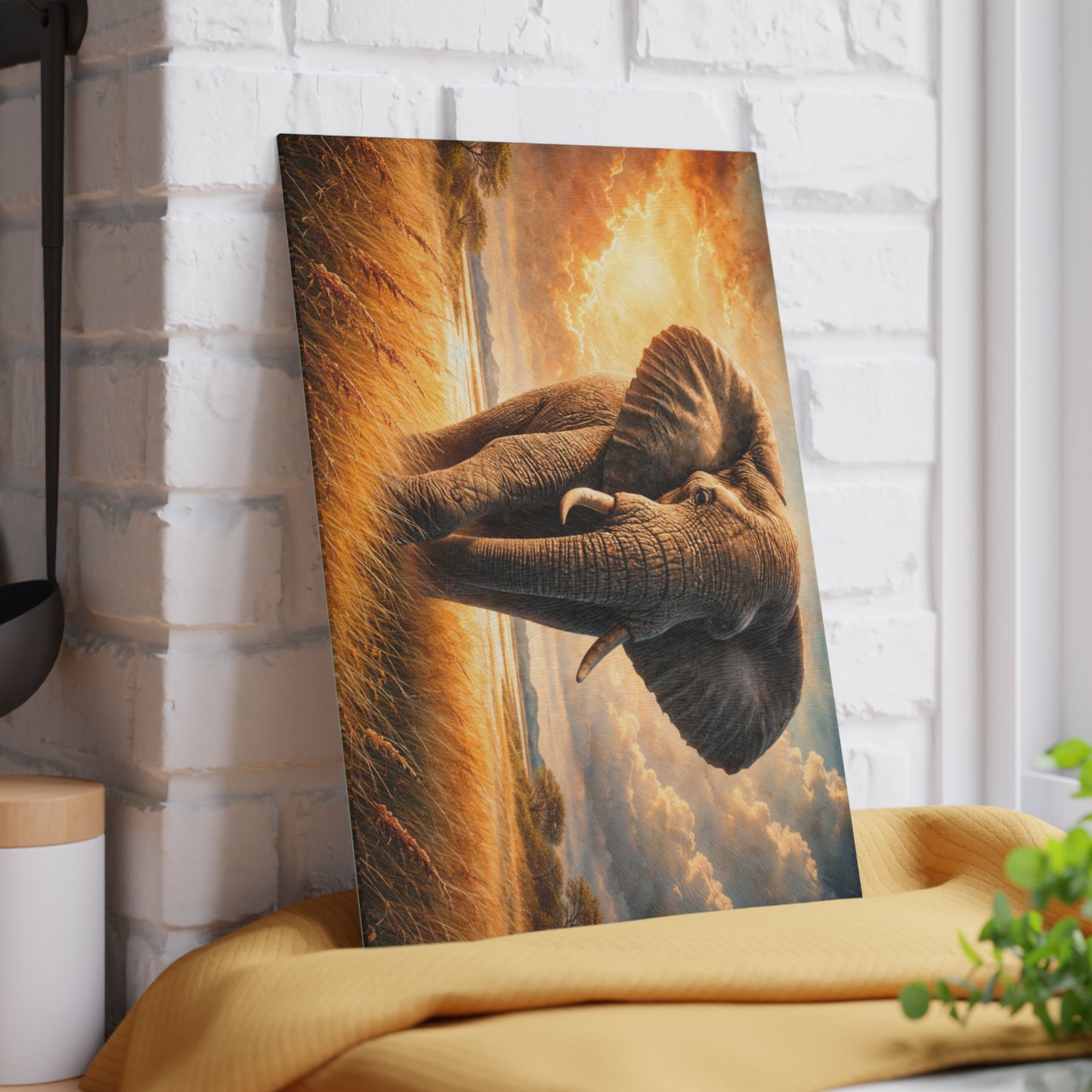 Majestic Elephant Sunset Savanna Glass Cutting Board – Bold Wildlife Landscape Kitchen Art