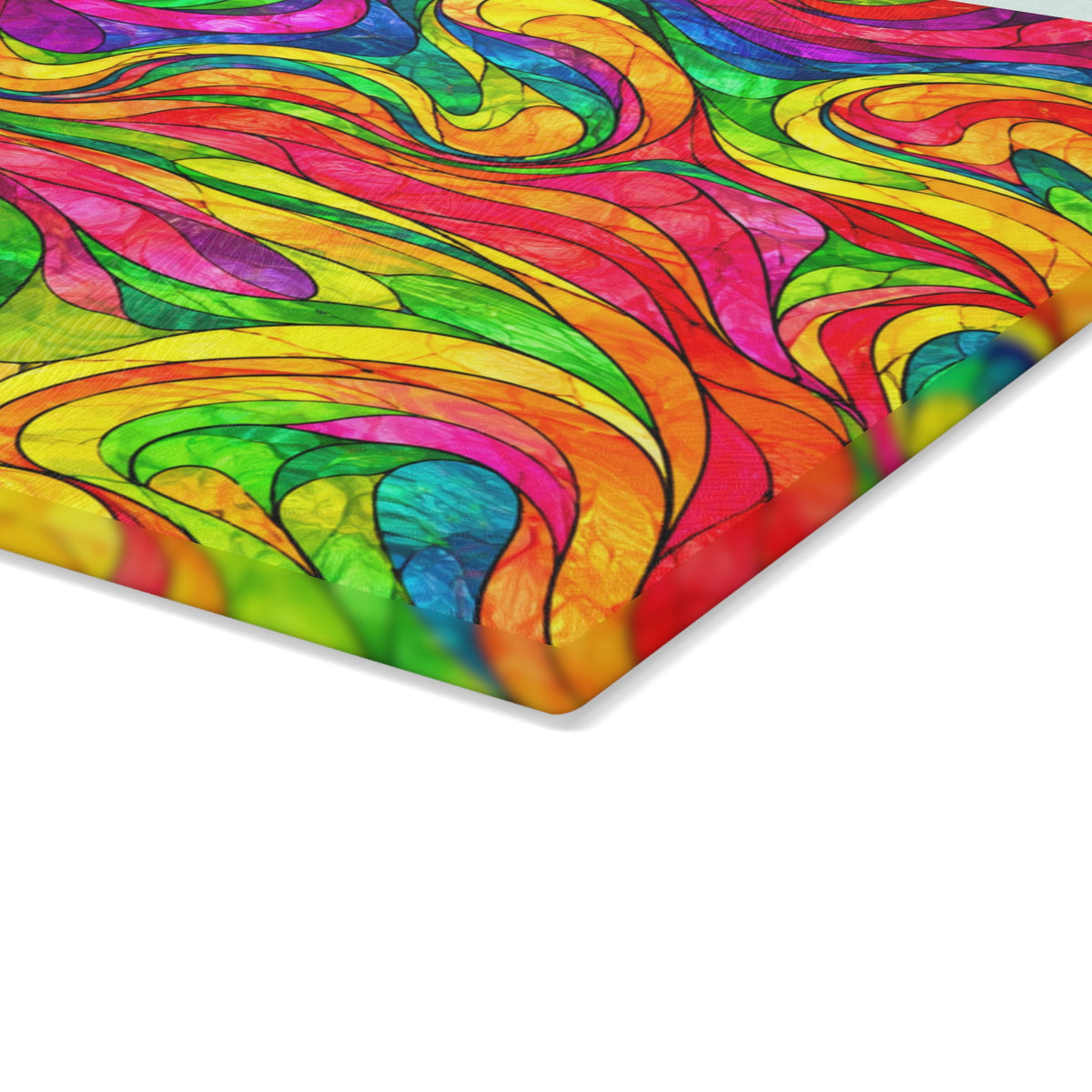 Colorful Psychedelic Swirl Glass Cutting Board – Bright Rainbow Abstract Kitchen Decor