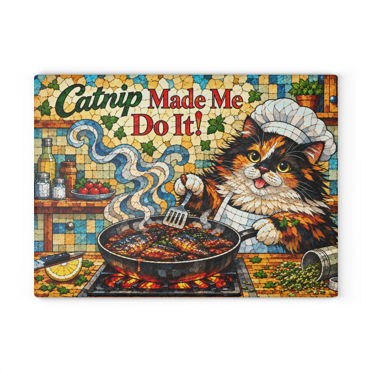 Catnip Made Me Do It! Funny Cat Stained-Glass-Inspired Glass Cutting Board