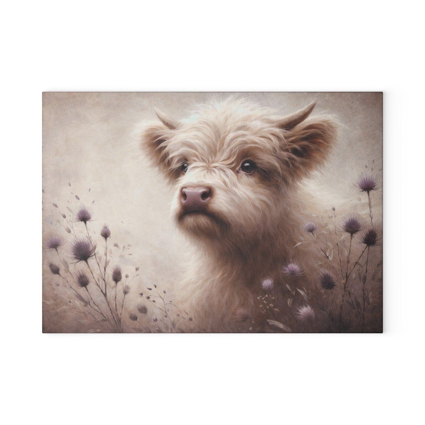 Gentle Highland Calf Glass Cutting Board – Soft Farmhouse Kitchen Art with Floral Accents
