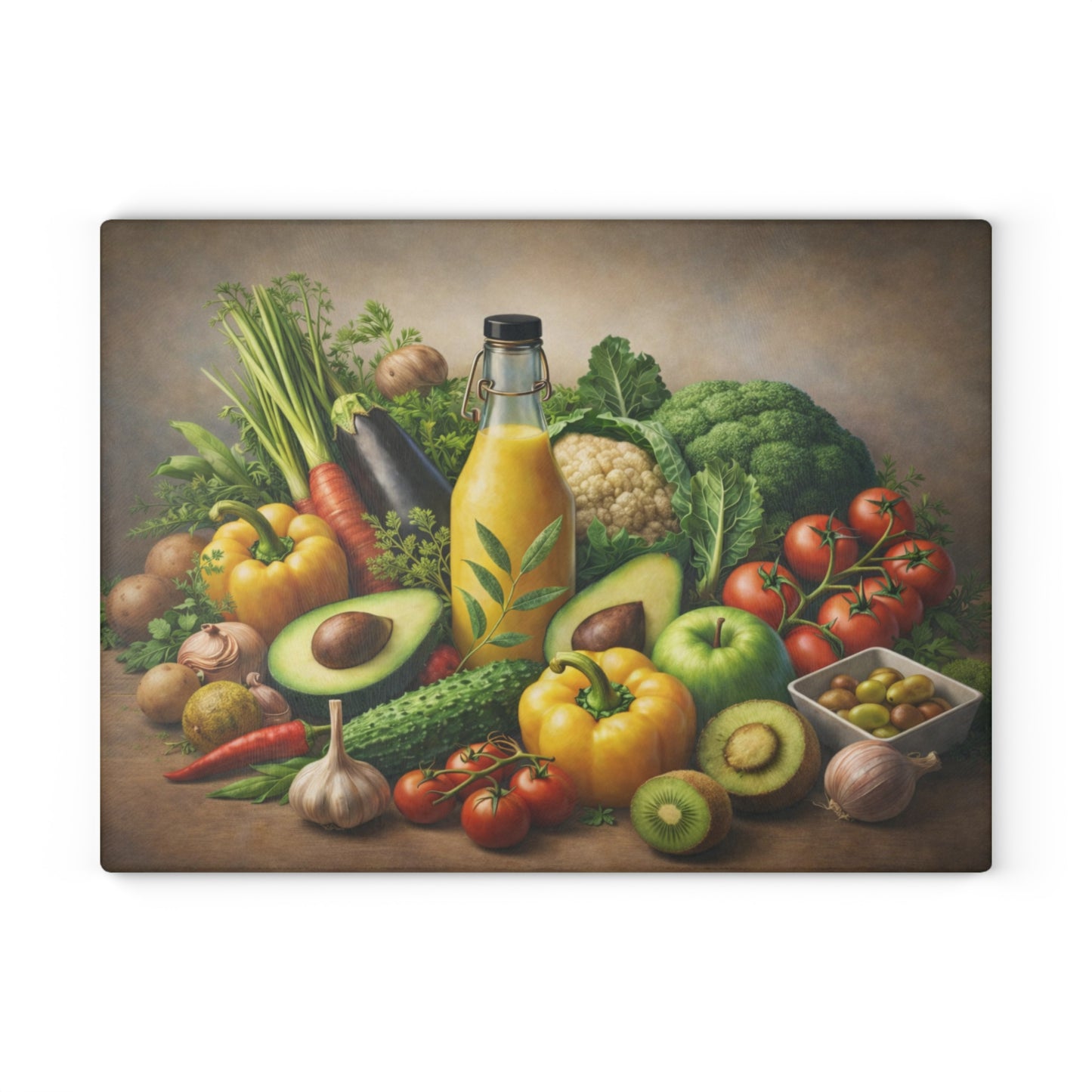 Garden Harvest Still Life Glass Cutting Board – Rustic Vegetable & Fresh Produce Kitchen Art