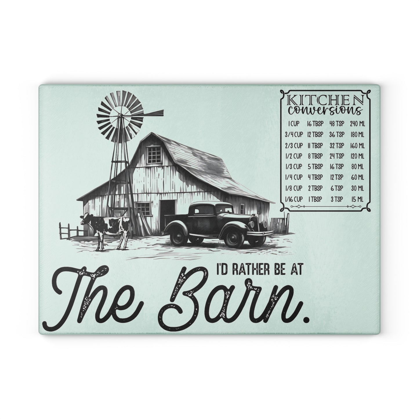 🐄 I’d Rather Be at THE BARN – Vintage Farmhouse Glass Cutting Board