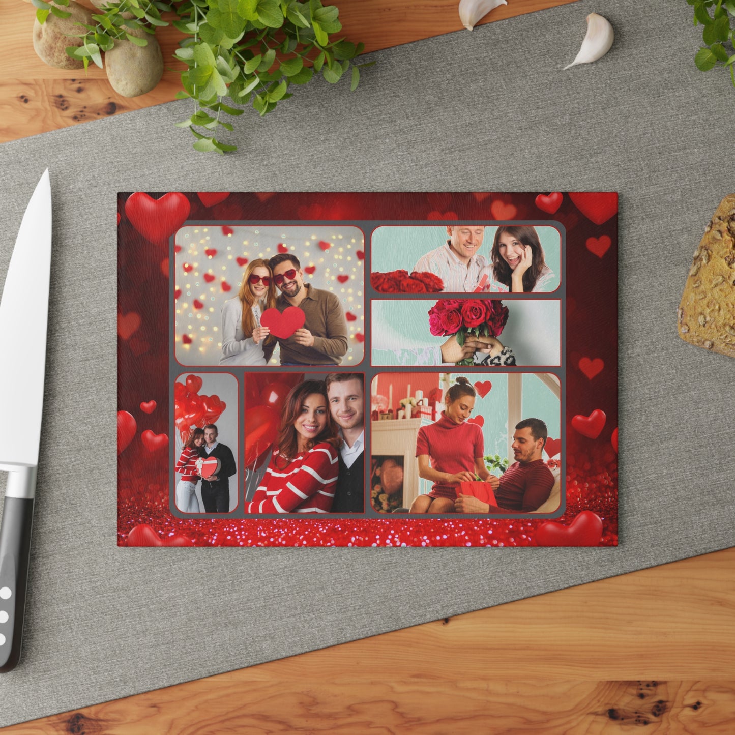 Happy Valentine’s Day Photo Collage Glass Cutting Board – Personalized Romantic Keepsake