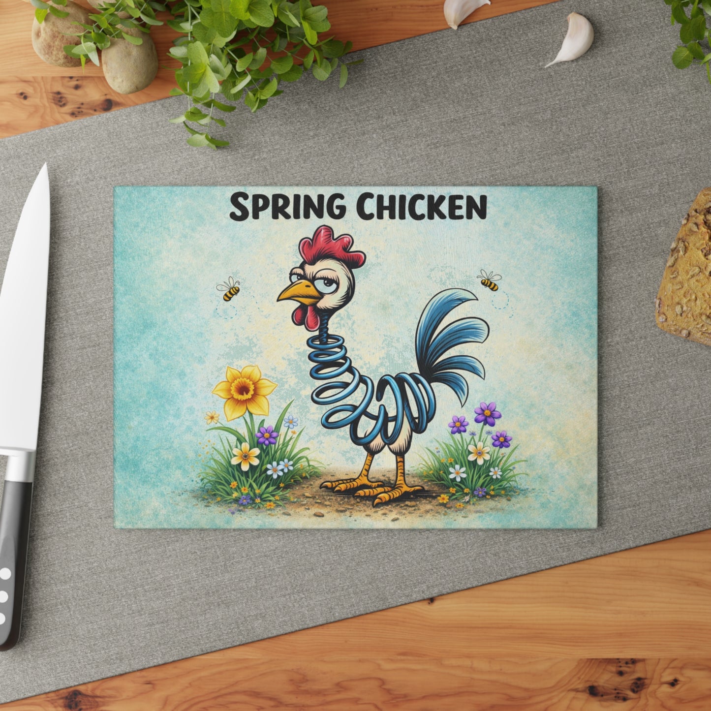 Spring Chicken Glass Cutting Board – Whimsical Chicken Artwork with Playful Spring Humor
