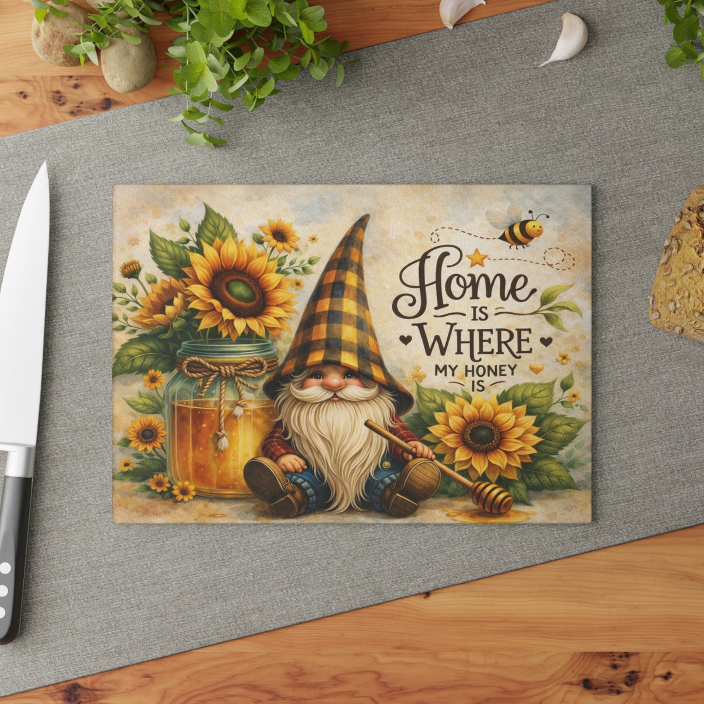 Sunflower Honey Gnome Glass Cutting Board – Cozy Farmhouse Kitchen Decor