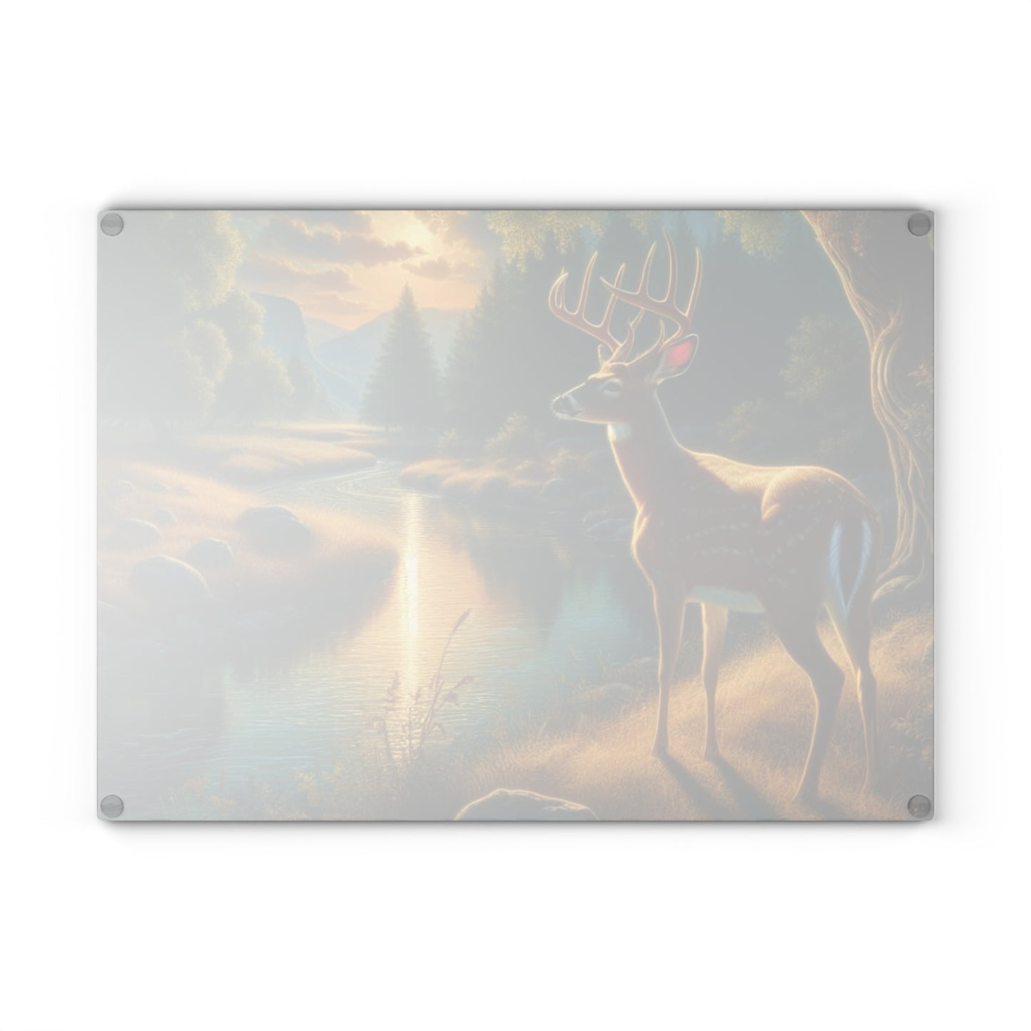 🦌🌅 Golden River Deer Cutting Board – Peaceful Nature Landscape Art 🌅🦌