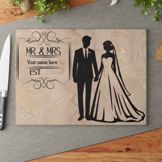 👰‍♀️ Tabla de cortar elegante con aspecto de mármol para Sr. y Sra.: regalo de boda personalizado con apellido y año