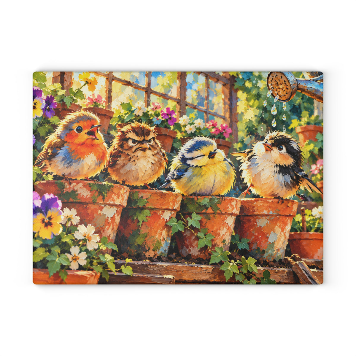 Four Funny Garden Birds – Colorful Painted Tempered Glass Cutting Board – Whimsical Bird and Flower Kitchen Decor