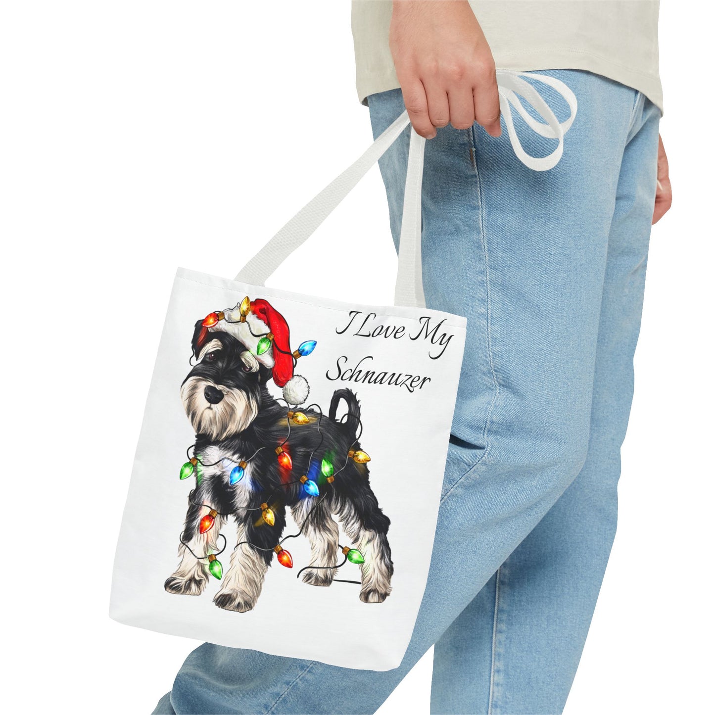 🎄 I Love My Schnauzer Tote Bag – Christmas Lights & Holiday Woofs 🐾