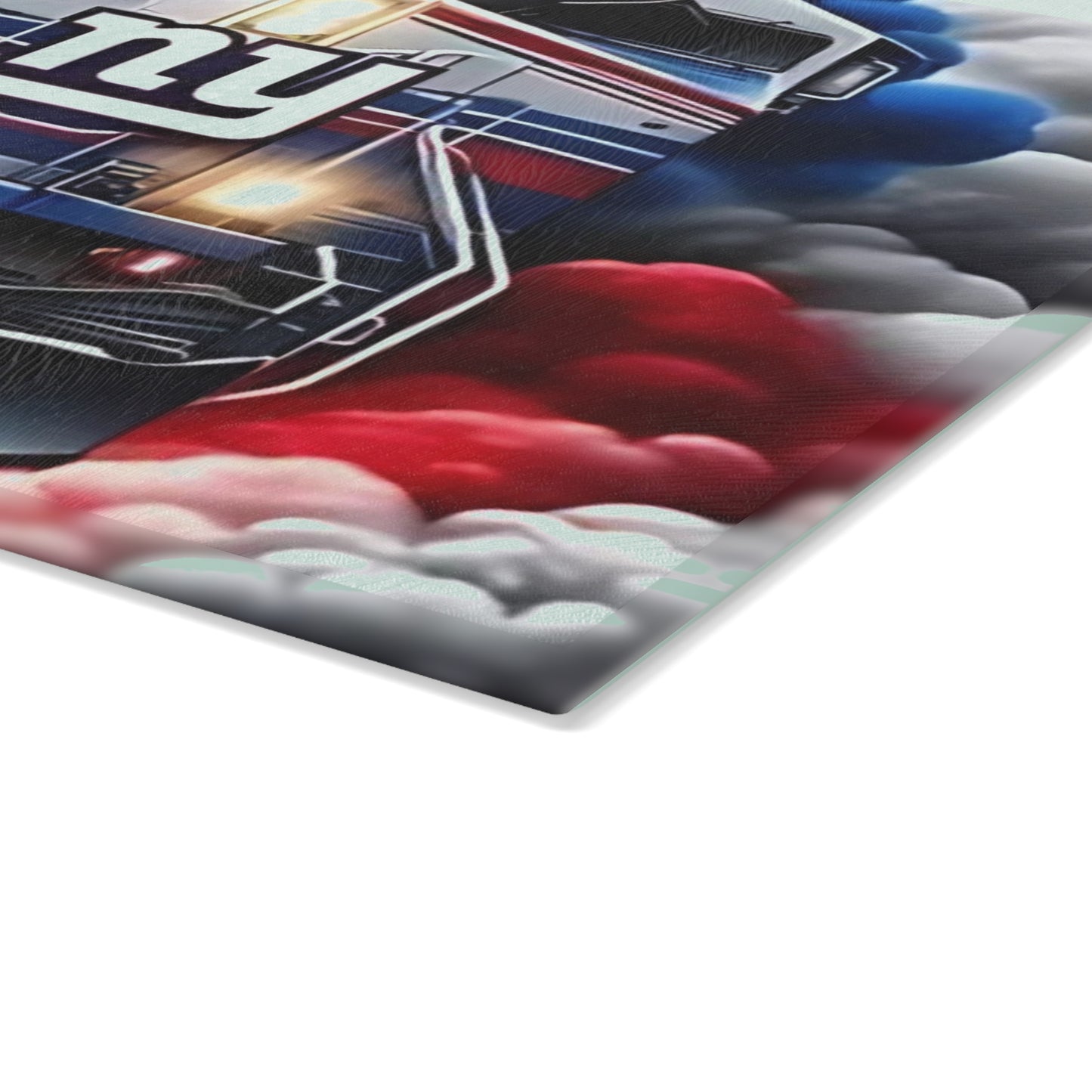 Royal Blue & Red Express Glass Cutting Board – Striking Train Design for Bold Kitchens