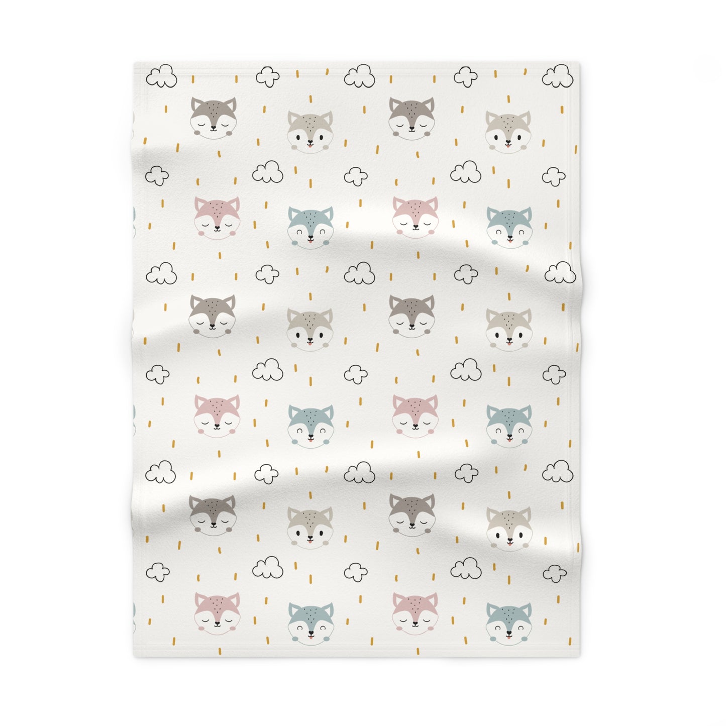 🦊 Fox Faces & Clouds Baby Blanket – Ultra-Soft Fleece 30″×40″ | Neutral Pastel on White