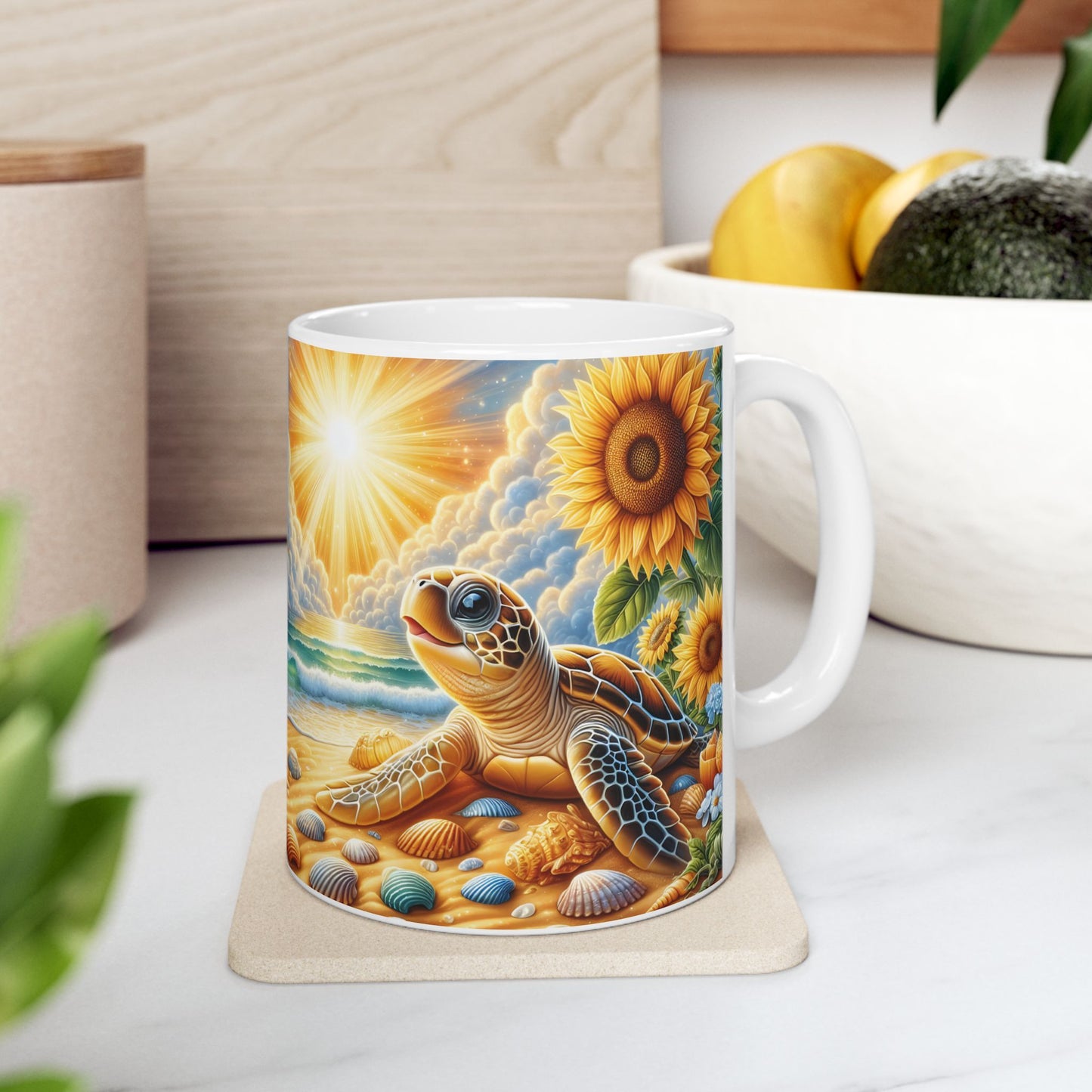 🌻🐢 Personalized Sunflower & Sea Turtle Mug – Coastal Sunshine Coffee Cup 🌊☕