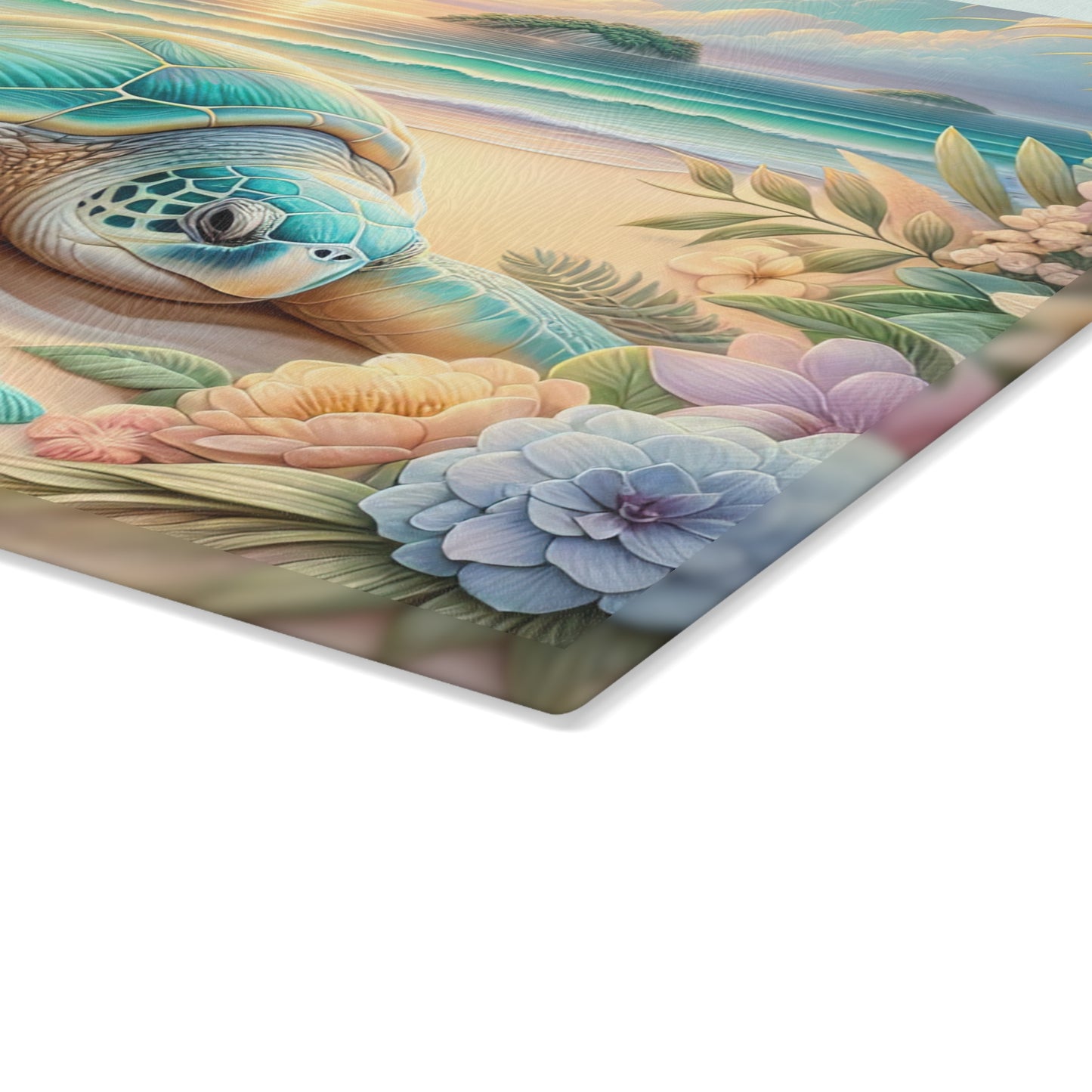 Peaceful Ocean Escape Sea Turtle Glass Cutting Board – Floral Beach Serenity Artwork