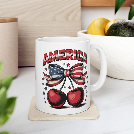 Taza con lazo de cereza de EE. UU. y el 4 de julio