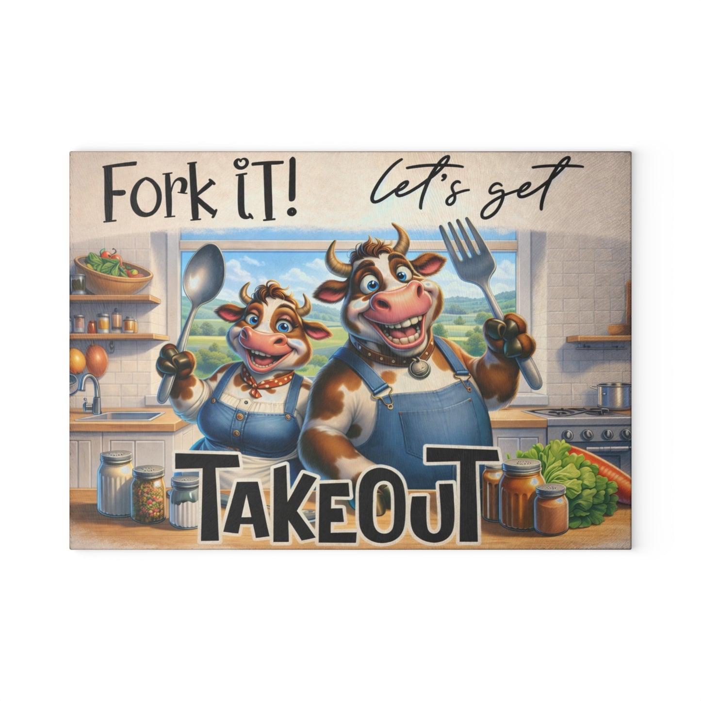 Fork It! Takeout Glass Cutting Board – Playful Cow Kitchen Art with Farmhouse Humor