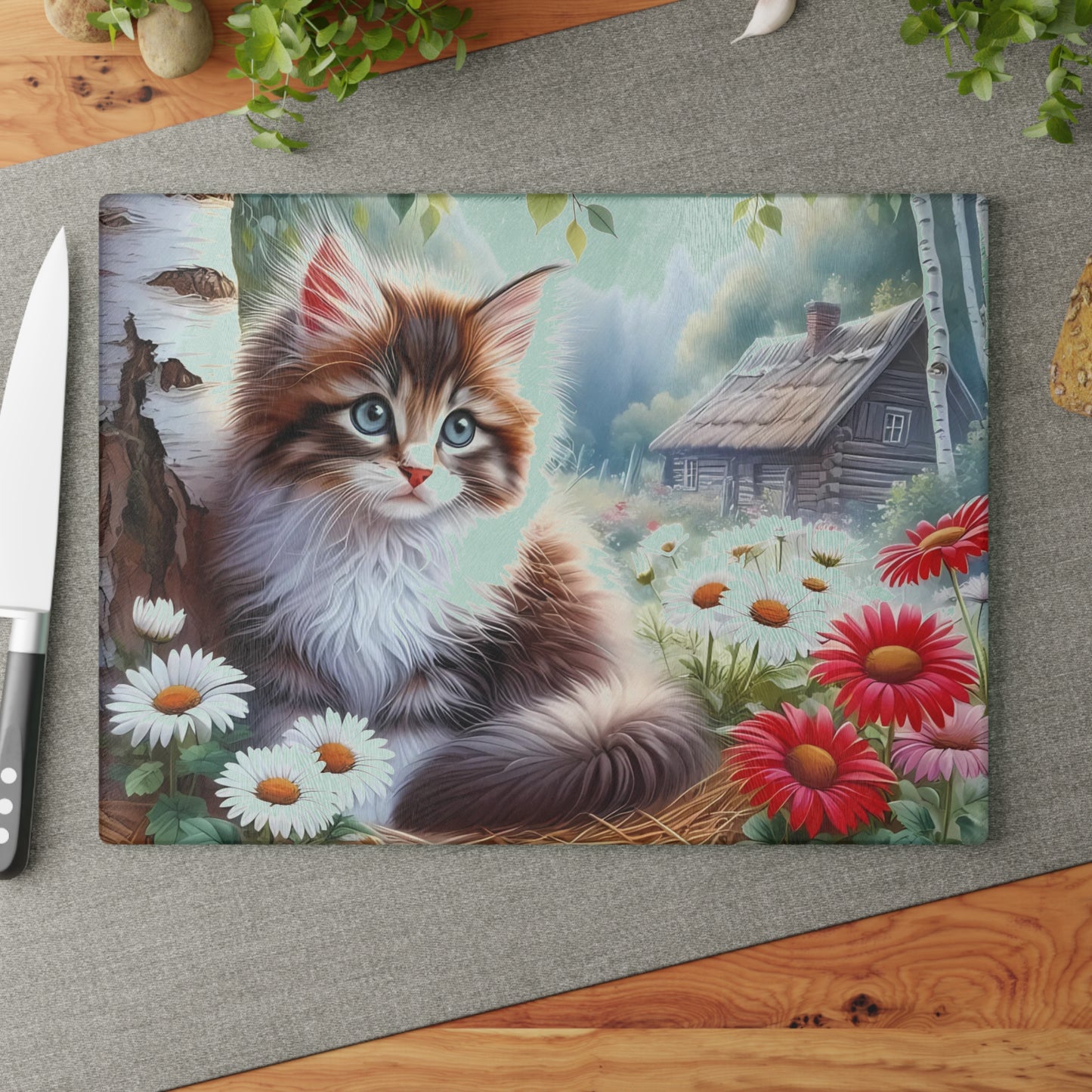 🌼 Cottage Kitten Cutting Board – Whiskered Charm in a Meadow Bloom Scene 🐱🌸