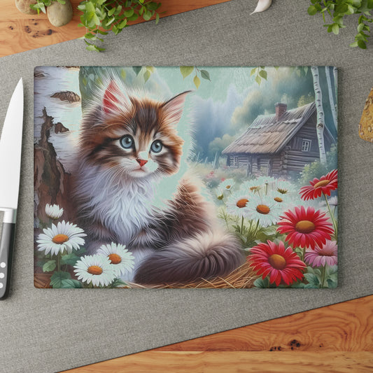 🌼 Cottage Kitten Cutting Board – Whiskered Charm in a Meadow Bloom Scene 🐱🌸