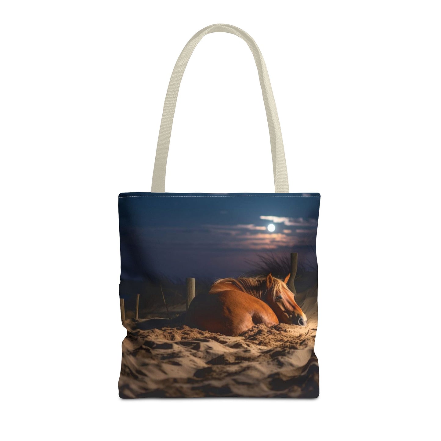Bolsa de tela "Caballo durmiendo en la playa bajo la luz de la luna": una escapada serena a cada paso
