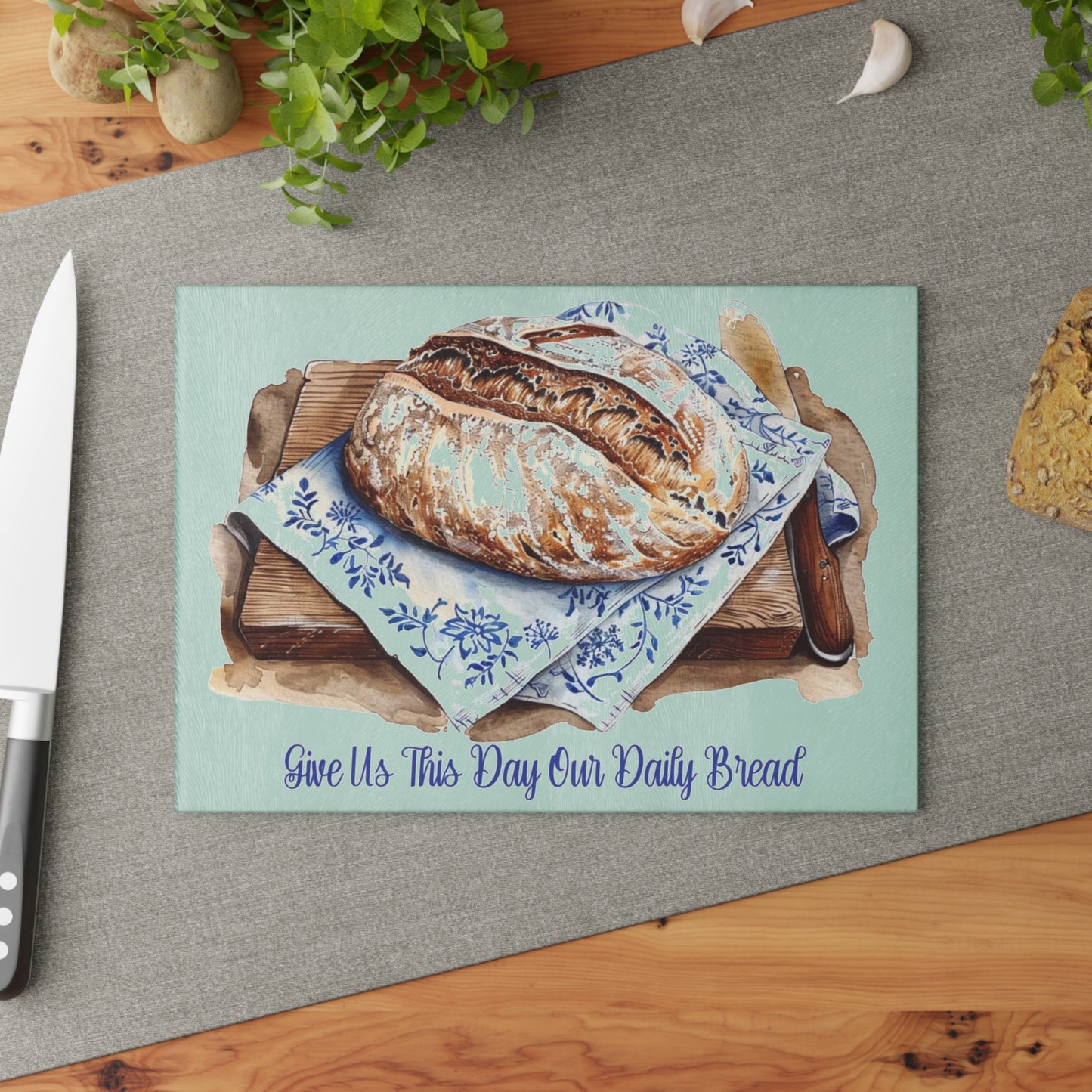 🍞✨ “Daily Bread Blessing” Glass Cutting Board – Warm Faith for Your Kitchen