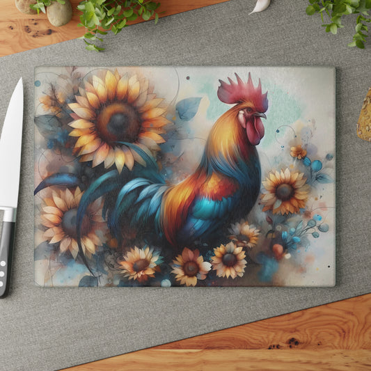 Tabla de cortar de vidrio con forma de gallo – Decoración rústica para cocina de granja | Tabla de servir y charcutería de vidrio templado