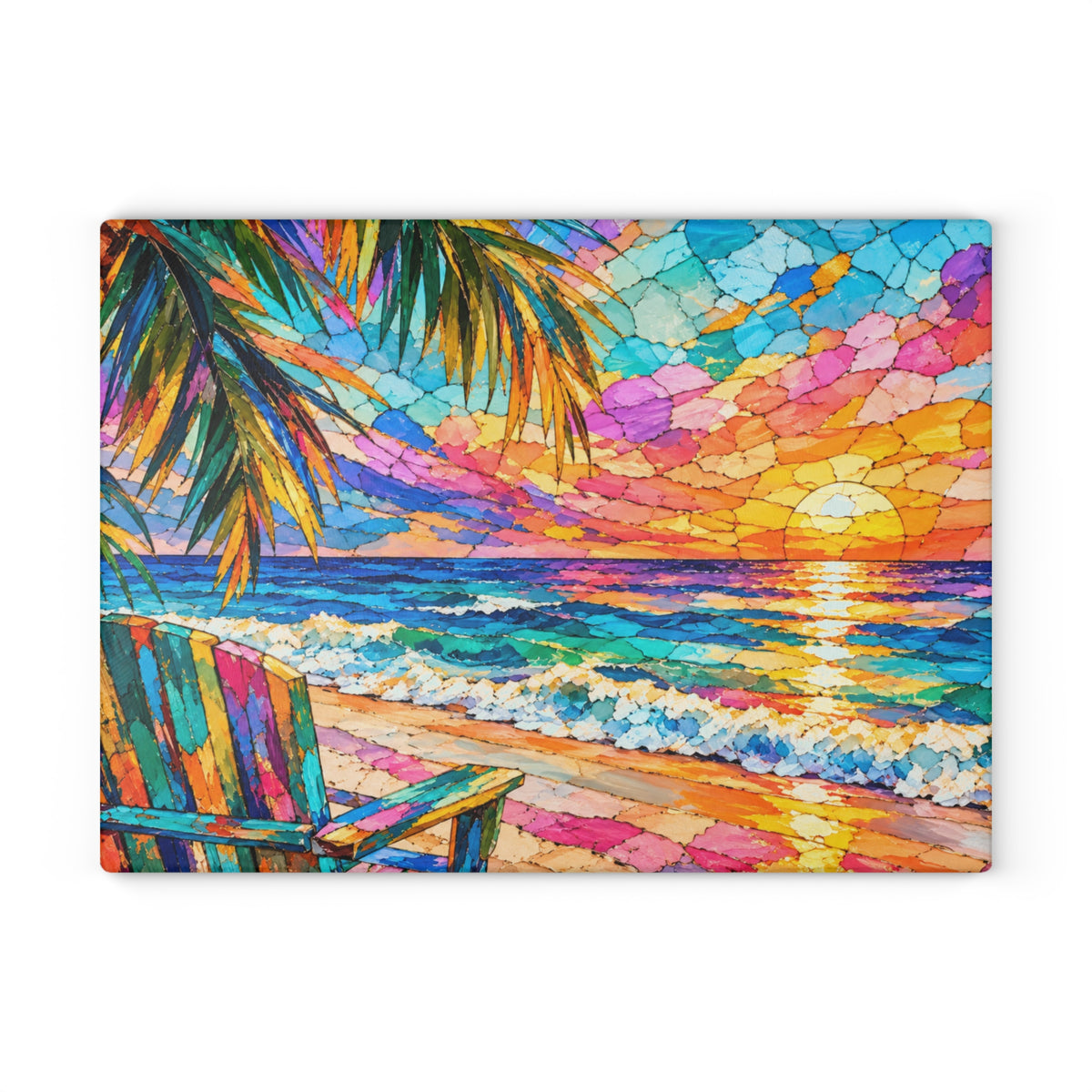 Colorful Tropical Sunset Stained-Glass-Look Glass Cutting Board – Beach Ocean Kitchen Decor