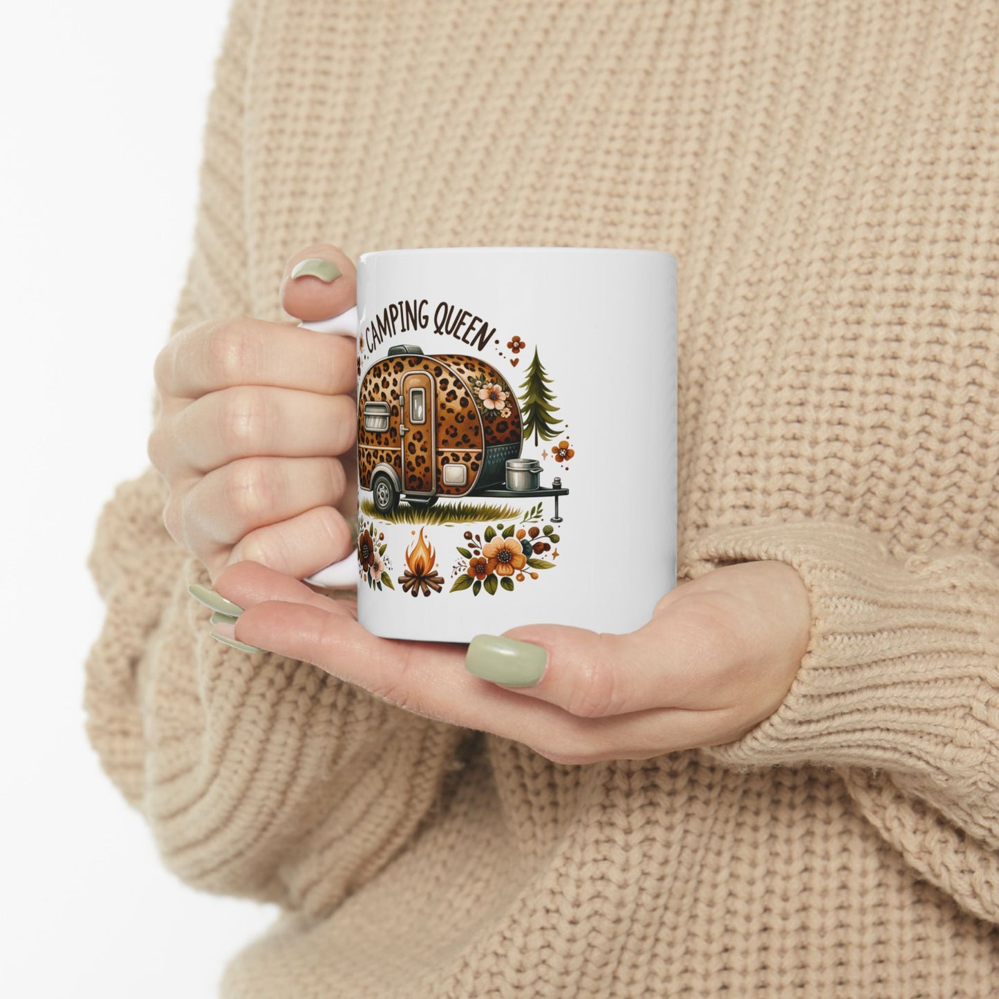 🏕️ Camping Queen – Leopard Print Camper Coffee Mug 🌸