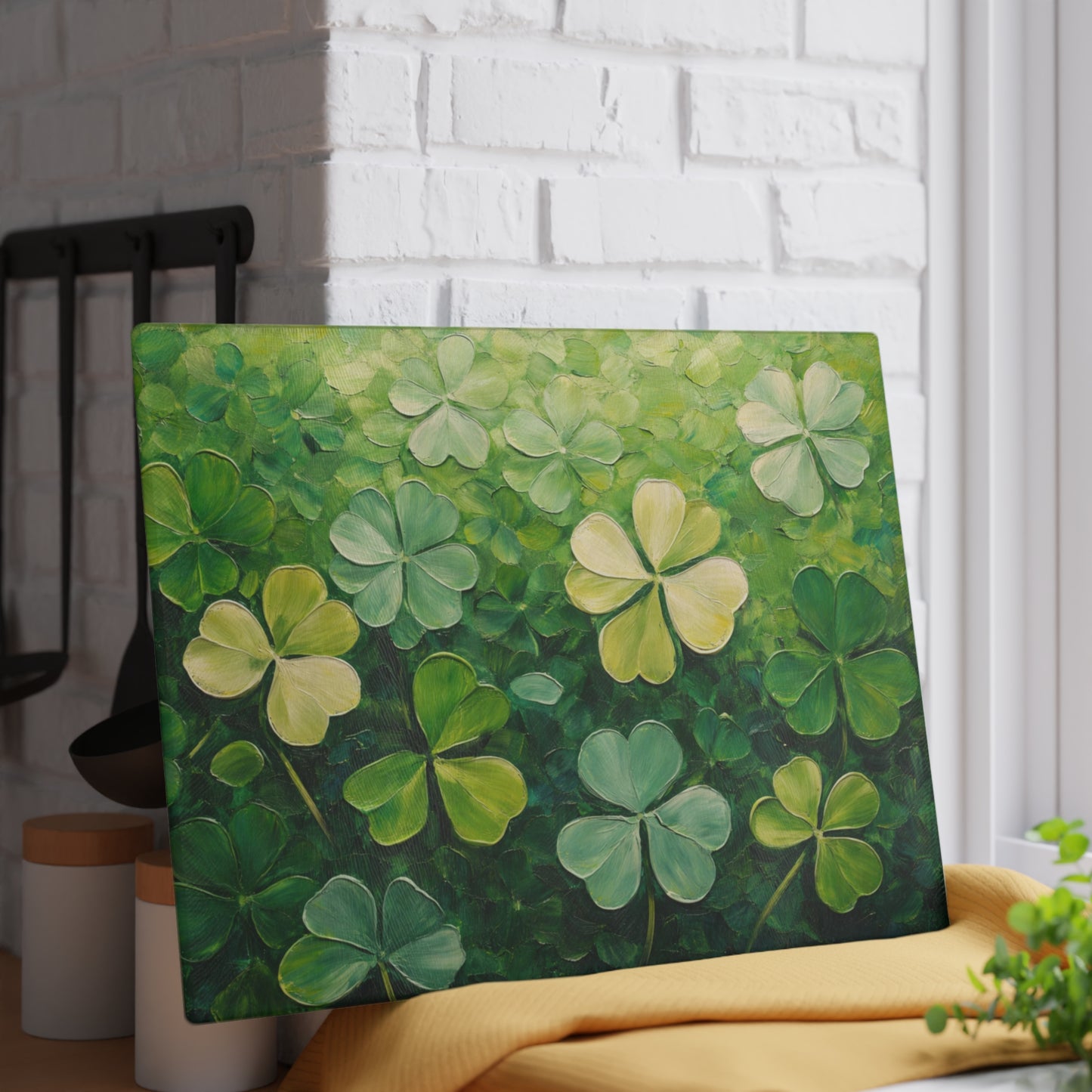 Shamrock Meadow Glass Cutting Board – Painterly Green Clover Kitchen Accent