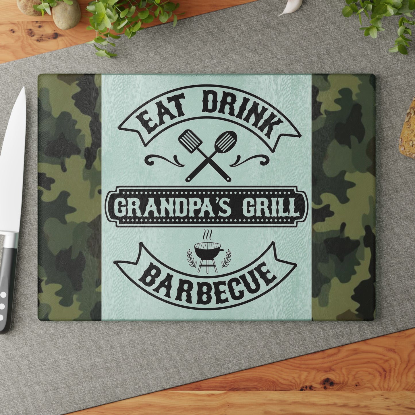 🍖🔥 EAT DRINK GRANDPA’S GRILL BARBEQUE – Camo Glass Cutting Board for Backyard Kings 🧢🍔