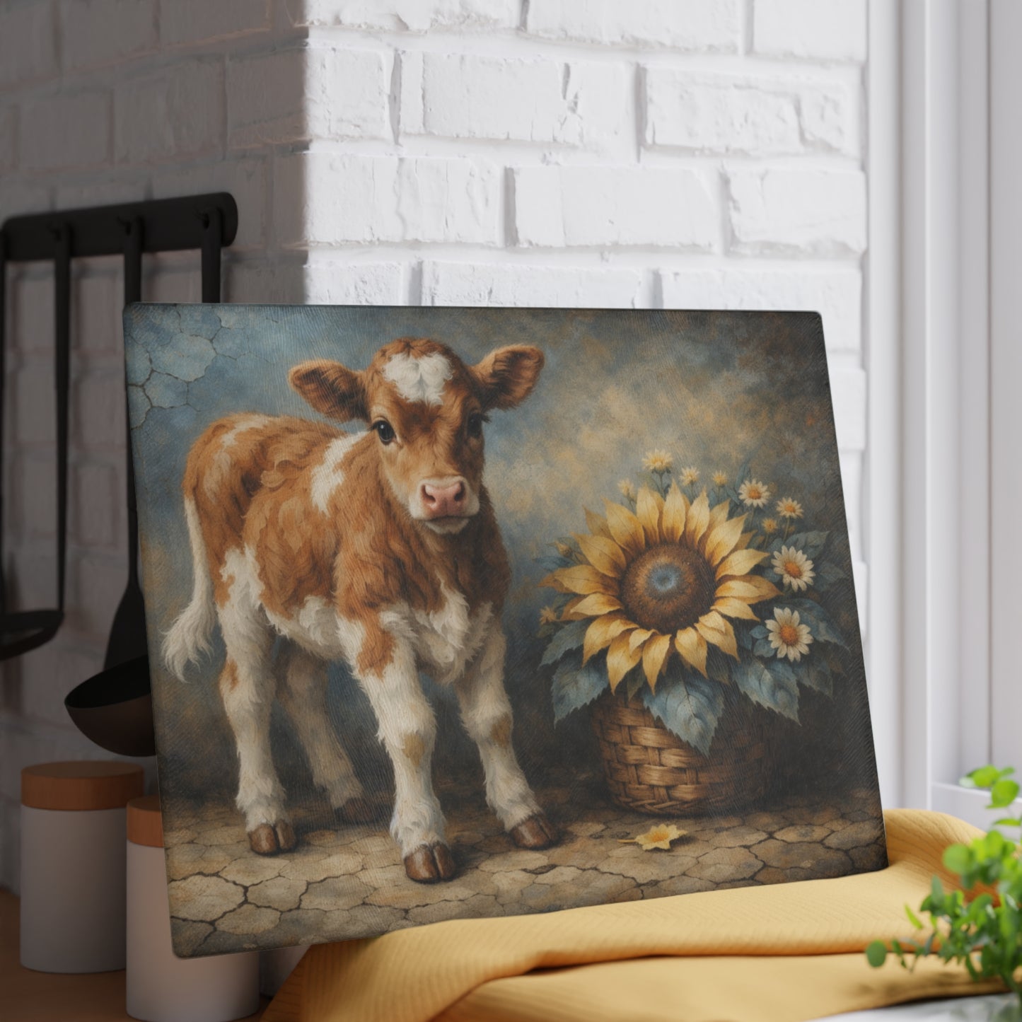 Sunflower Calf Glass Cutting Board – Rustic Farmhouse Kitchen Decor