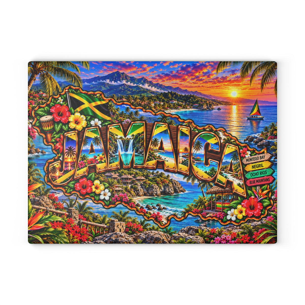 Jamaica Glass Cutting Board – Tropical Island Map, Jamaican Flag, Waterfalls, Palm Trees & Caribbean Sunset Kitchen Déco