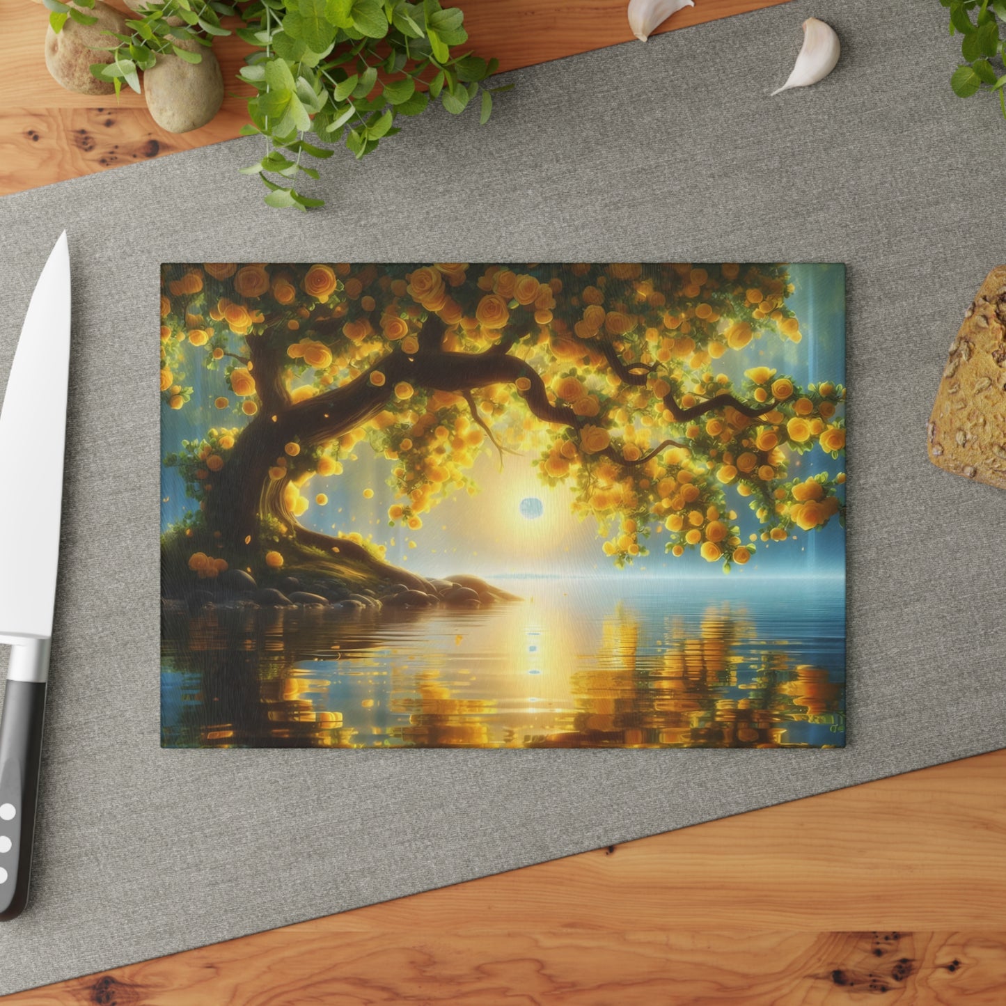 🌞 Golden Blossom Tree Cutting Board – Tranquil Elegance with Sunset Glow