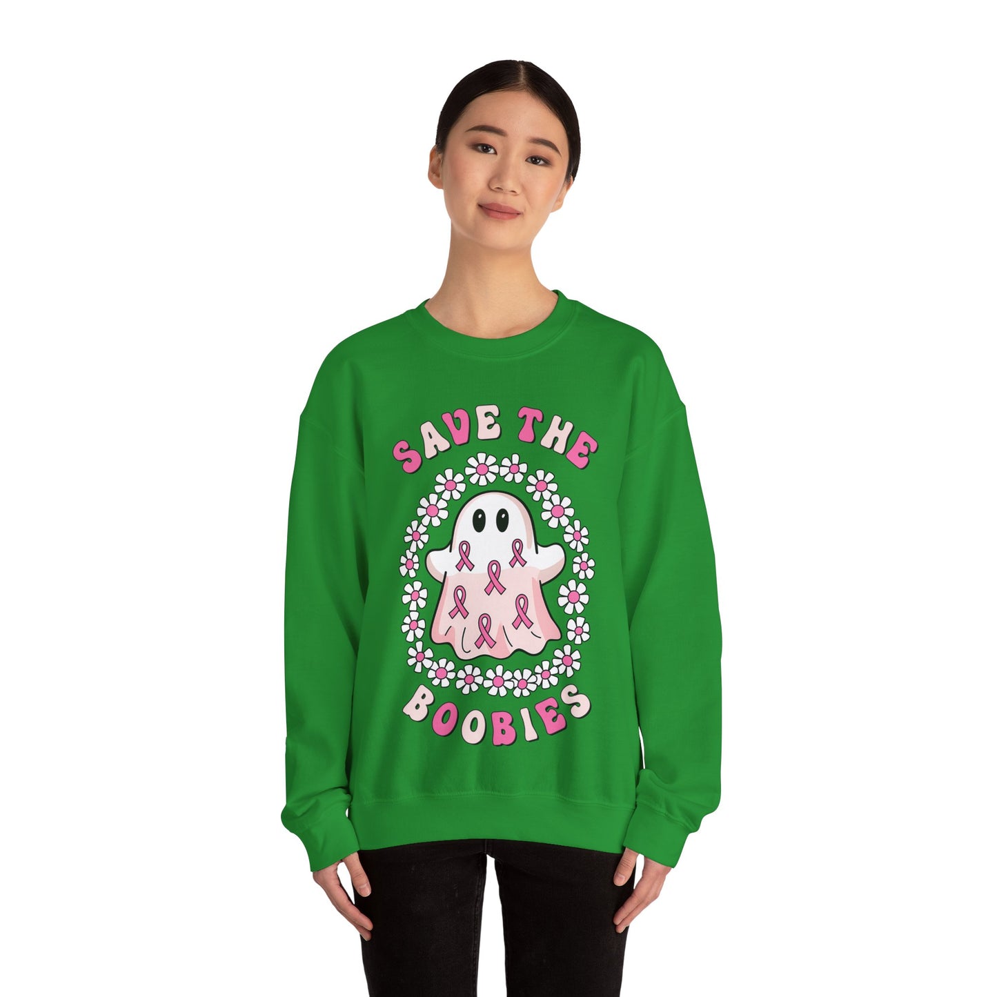 👻🎀 Save the Boobies Ghost Sweatshirt – Cute Breast Cancer Awareness Crewneck