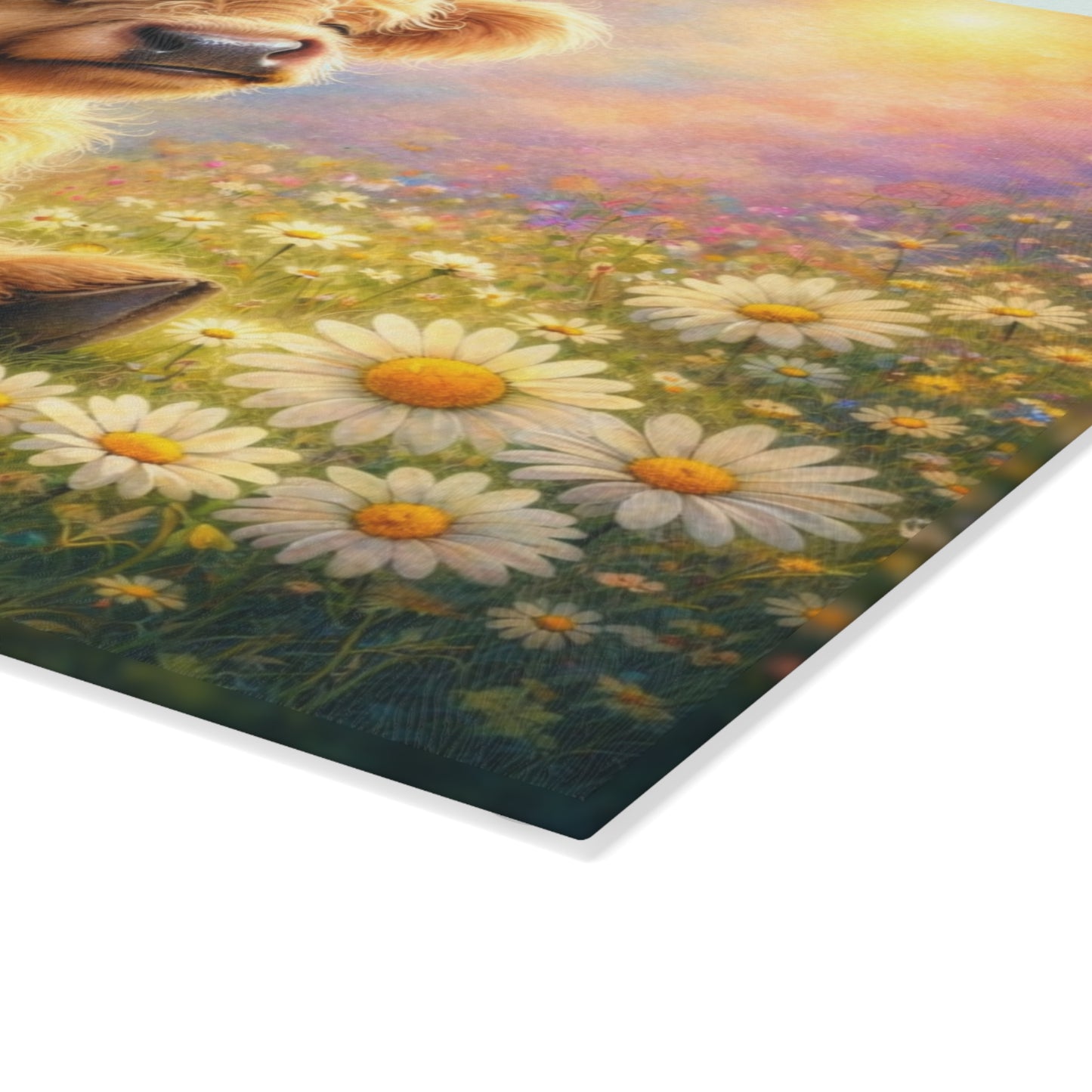Highland Calf Daisy Meadow Glass Cutting Board – Spring Farmhouse Kitchen Decor with Floral Crown Cow Design