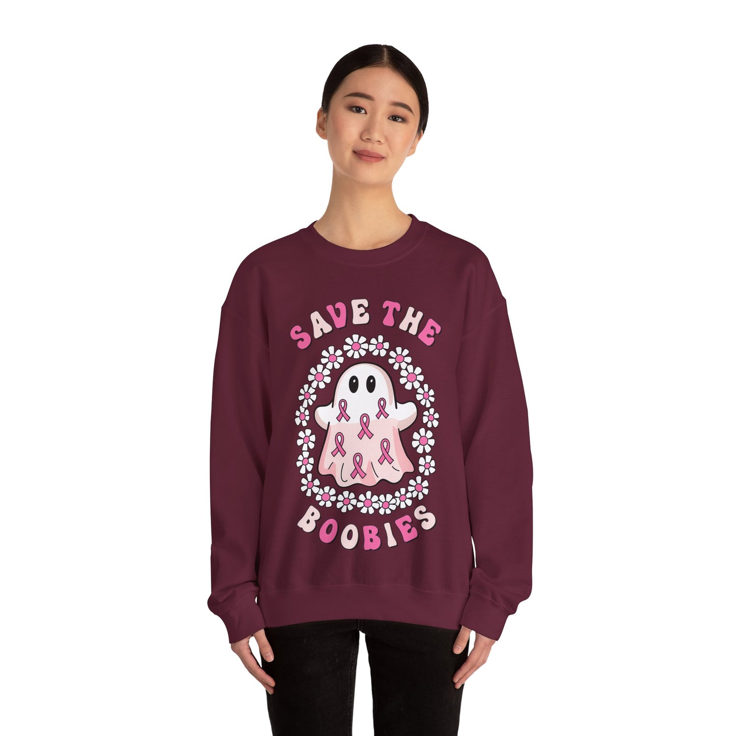 👻🎀 Save the Boobies Ghost Sweatshirt – Cute Breast Cancer Awareness Crewneck
