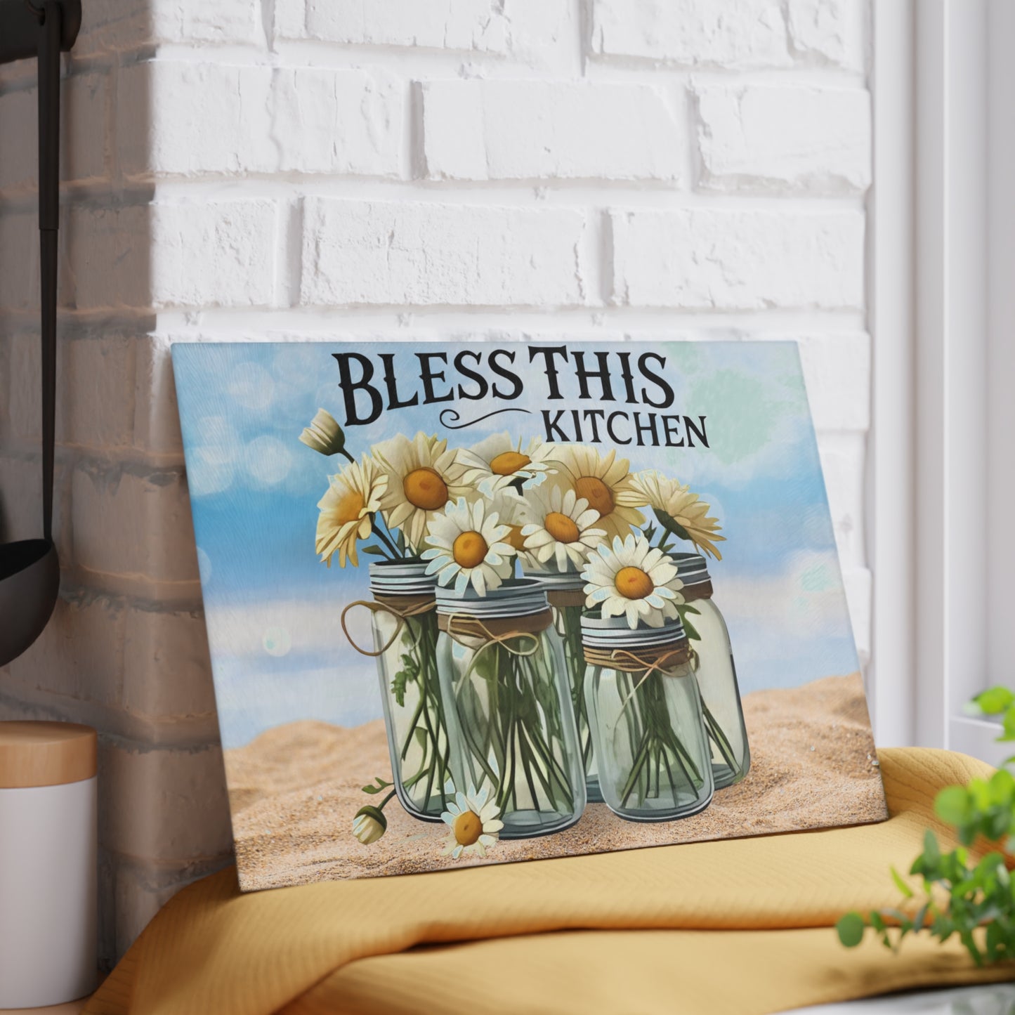 Tabla de cortar de vidrio, Bendice esta cocina, decoración de playa, cocina costera, cocina de granja, tabla de charcutería, tabla de cortar personalizada, flores