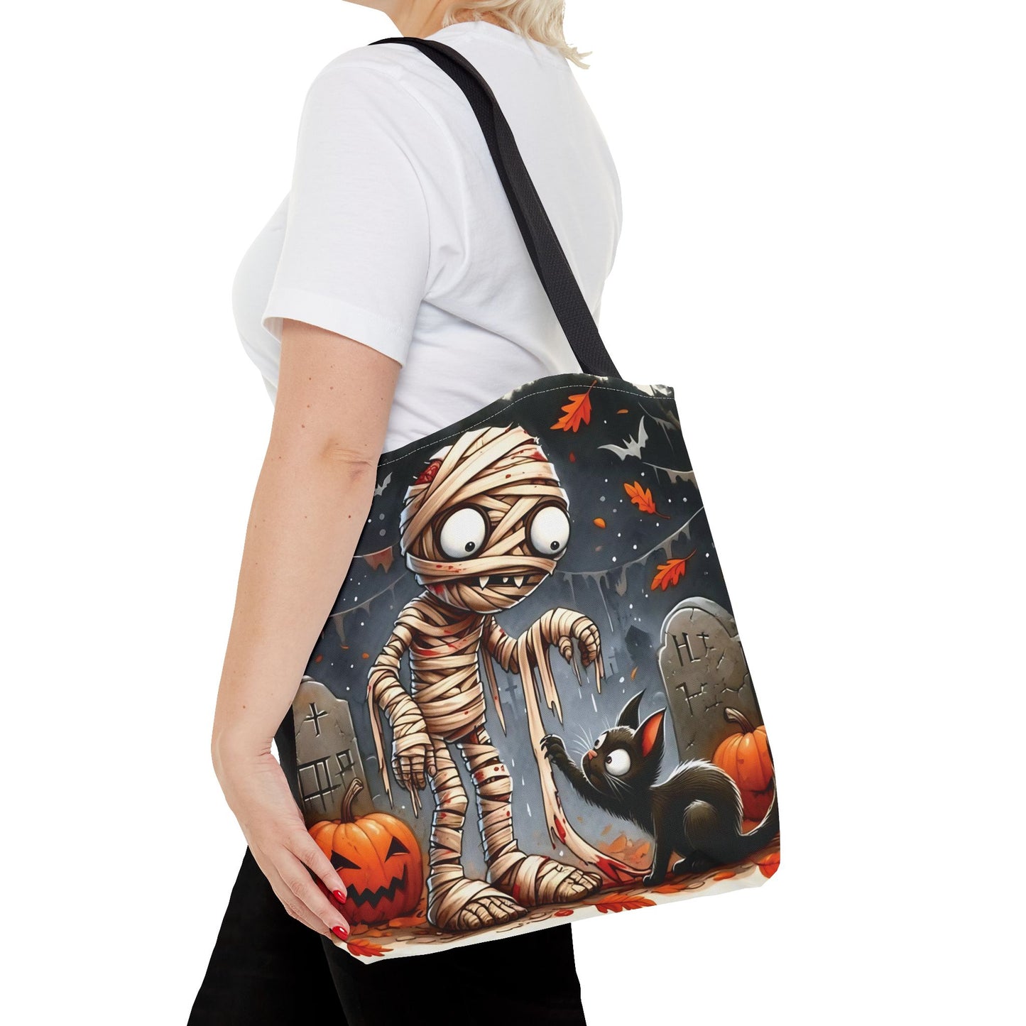 🎃 Mummy & Black Cat Halloween Tote Bag – Spooky Cute & Perfect for Trick-or-Treating 🖤🛍️