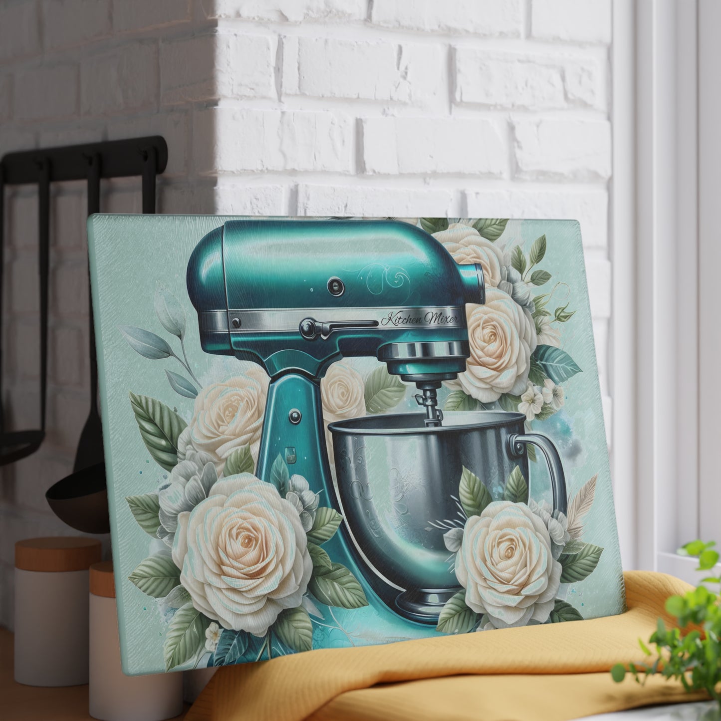 🌸 Teal Kitchen Mixer Cutting Board – Floral Elegance for Your Kitchen 🌿