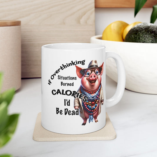 🐷 No cuento calorías – Taza de café con cerdito gracioso y cuentas 💎