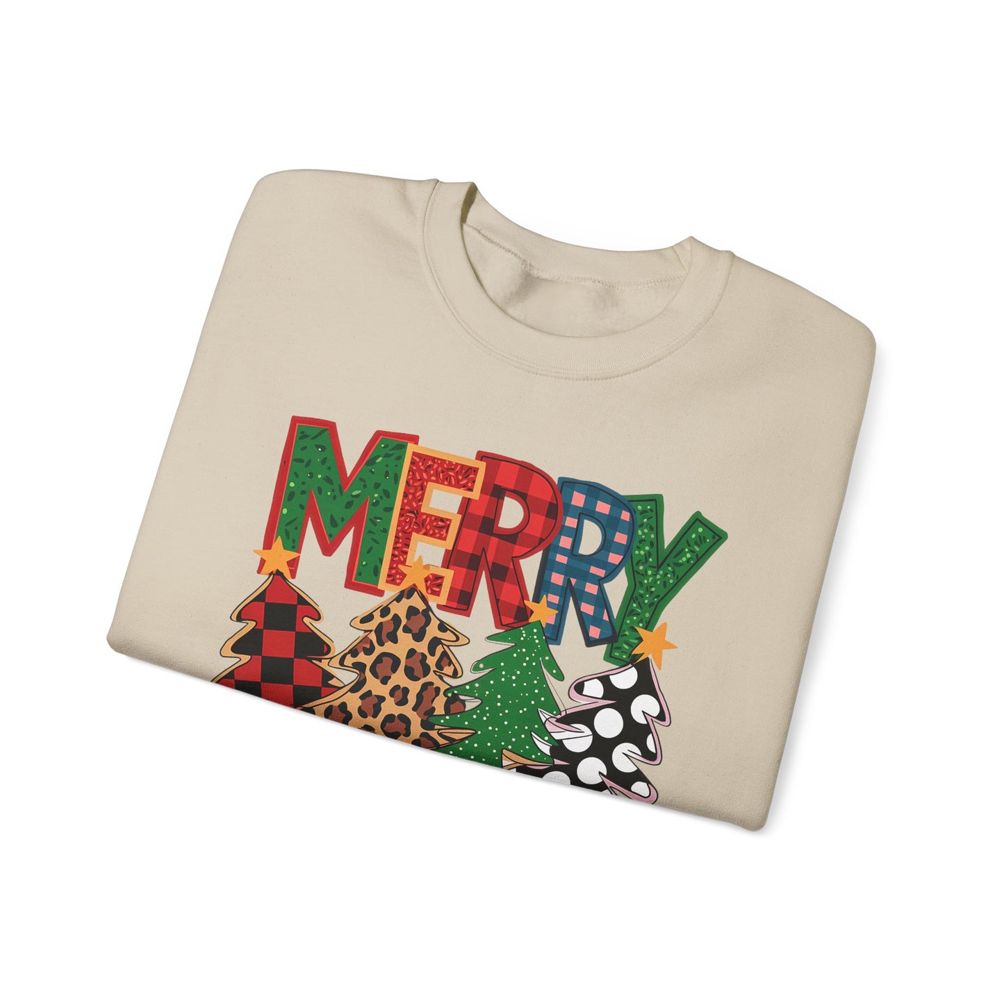 🎄✨ Merry Christmas Trees Sweatshirt – Bold Patterns & Festive Cheer