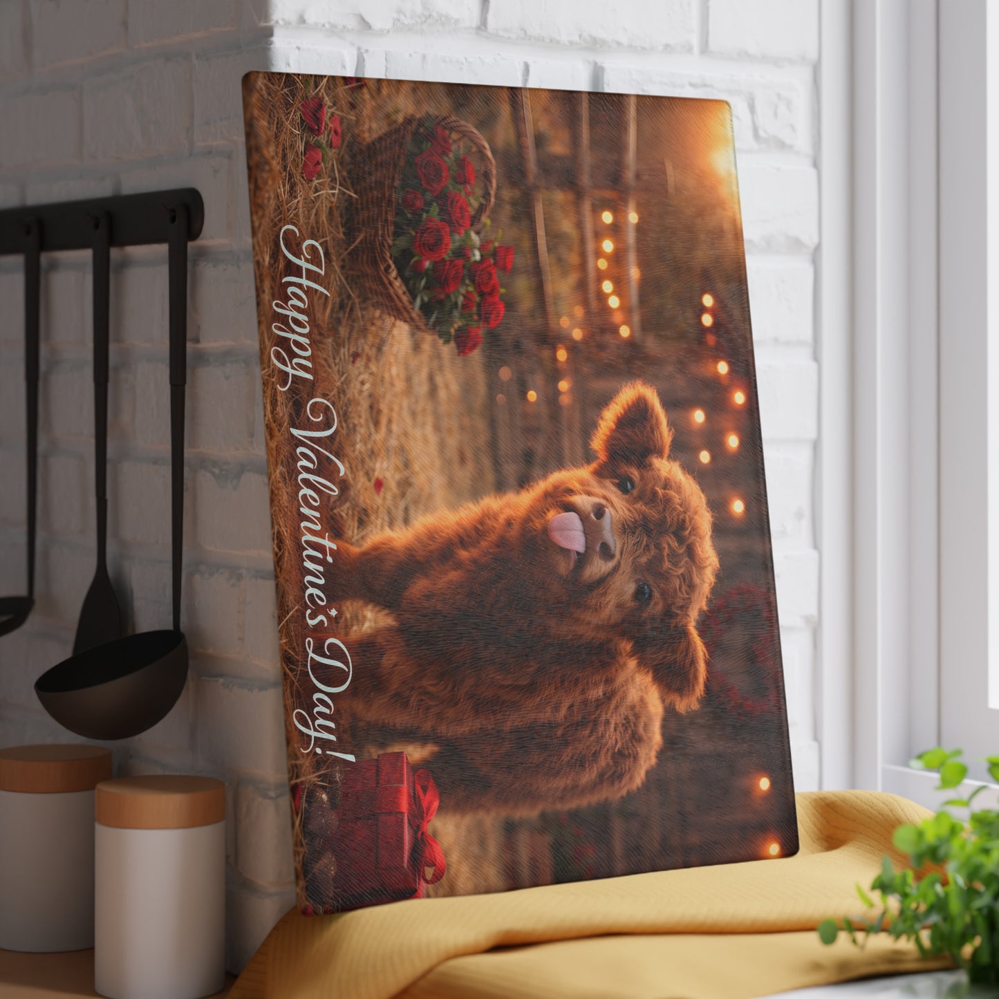 Valentine Highland Calf Glass Cutting Board – Cozy Farmhouse Love Kitchen Décor