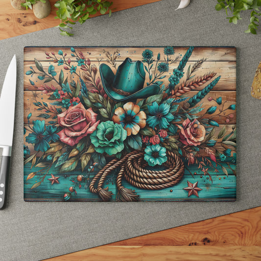 🤠 Western Cowboy Hat, Rope & Floral Rustic Cutting Board – Country Charm Kitchen Décor