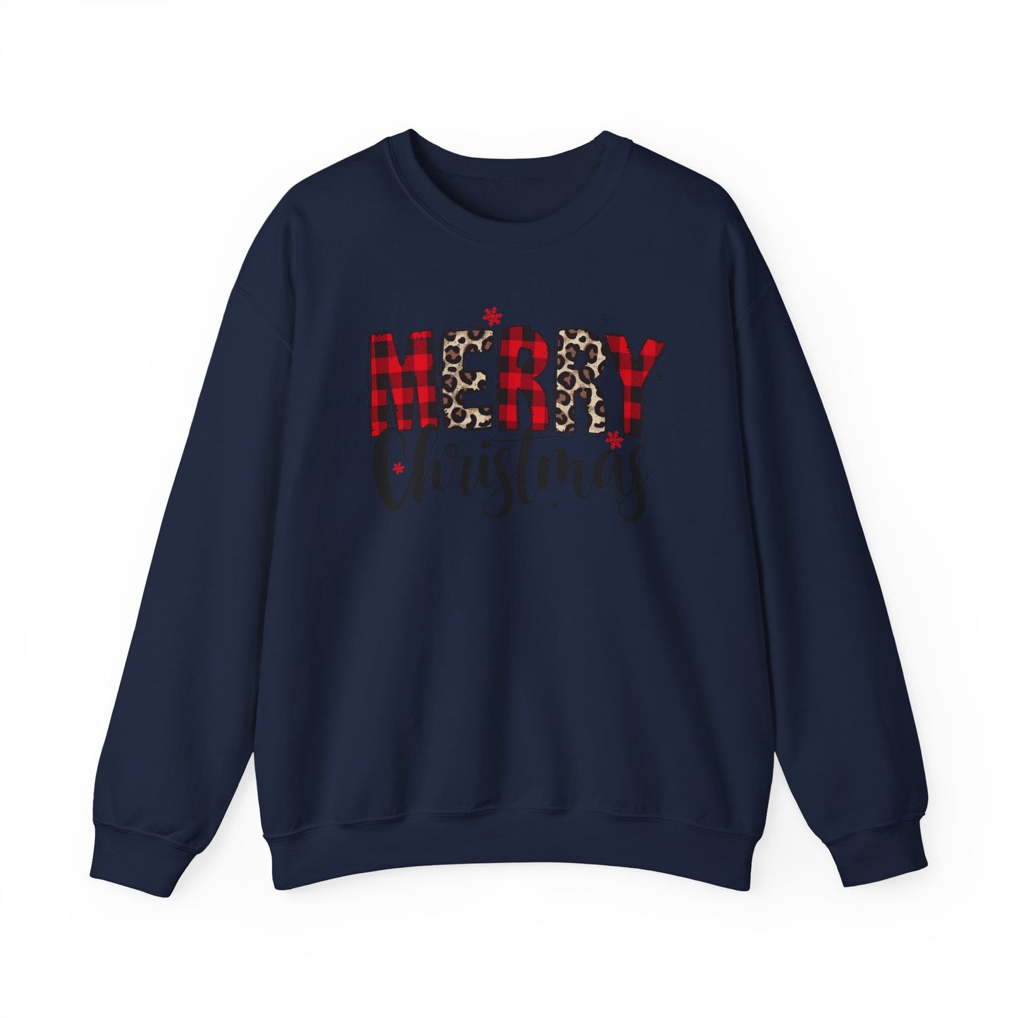 🎄🖤 Merry Christmas Buffalo Plaid & Leopard Crewneck – Cozy Unisex Holiday Pullover