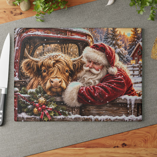 Santa Claus & Highland Cow Christmas Glass Cutting Board – Rustic Farmhouse Holiday Kitchen Décor, Vintage Red Truck & Christmas Gift