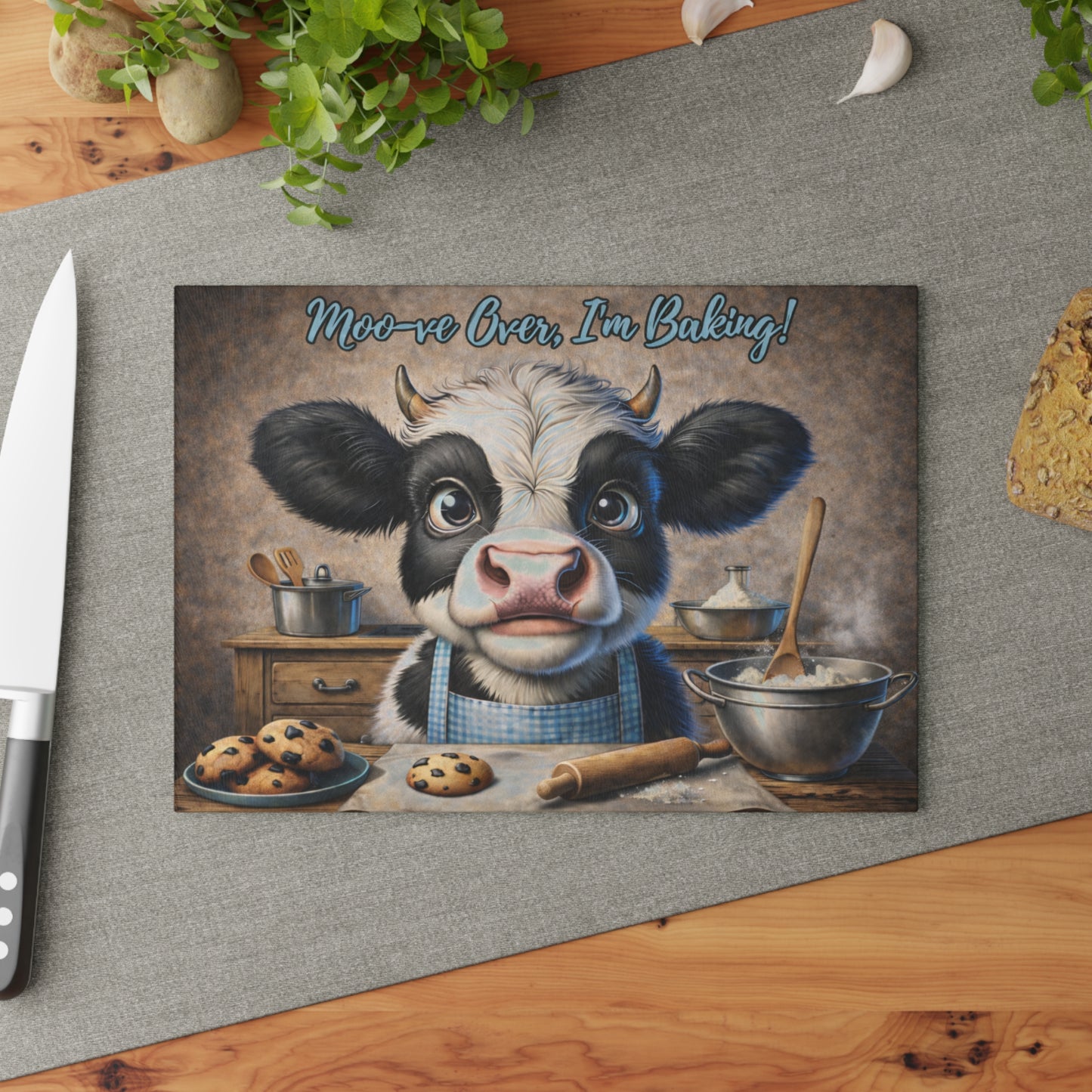 Moo-ve Over, I’m Baking! Glass Cutting Board – Whimsical Farmhouse Kitchen Decor