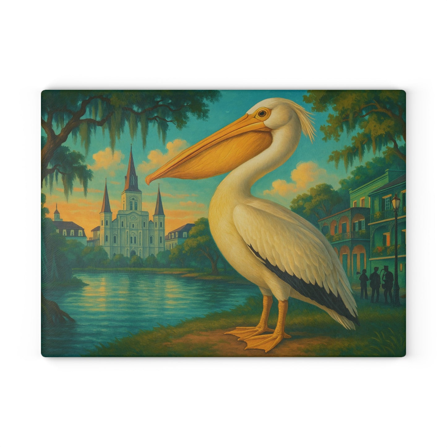 🪶 Pelican at the River – New Orleans Skyline Tempered Glass Cutting Board